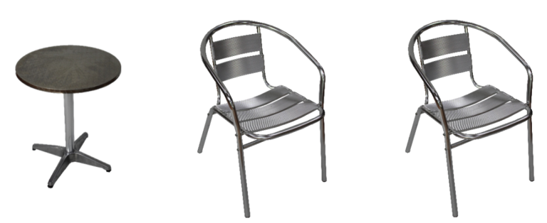 Guéridon alu diamètre 60cm hauteur 70cm + 2 fauteuils alu